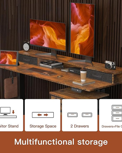 55 Inch Electric Standing Desk with Cabinet & Drawers, Height Adjustable Sit Stand Desk with Monitor Shelf, Smart Home Office Standing Computer Desk, Rustic Brown - LeafyLoom