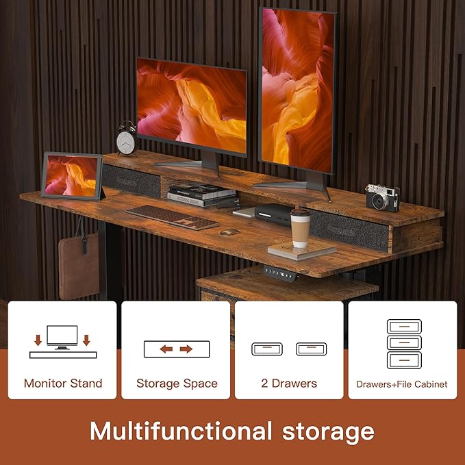55 Inch Electric Standing Desk with Cabinet & Drawers, Height Adjustable Sit Stand Desk with Monitor Shelf, Smart Home Office Standing Computer Desk, Rustic Brown - LeafyLoom
