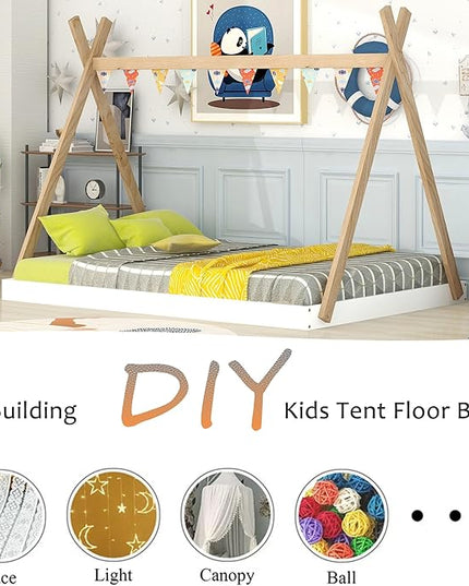 Bellemave Full Size Tent Floor Bed Frame with Triangle Structure, Teepee Bed Platform Bed for Kids,Montessori Floor Bed for Girls Boys(Full,White+Natural) - LeafyLoom
