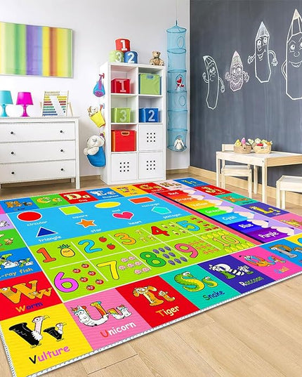 Kids Alphabet Play Game Rug - -4'x6' ABC Numbers and Shapes Educational Learning Toddler Carpet - Kids Room Playroom Classroom Kindergarten Activity Fun Soft Non-Slip Mat - LeafyLoom