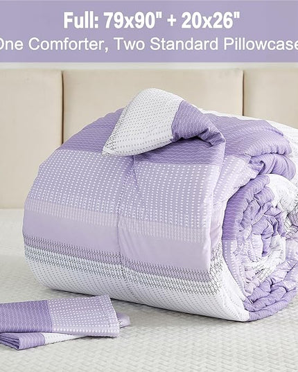 Litanika Lavender Purple Comforter Set Full Size, 3 Pieces Girls Women Lightweight Bedding Comforter Set, All Season Purple White Colorblock Fluffy Bed Set - LeafyLoom