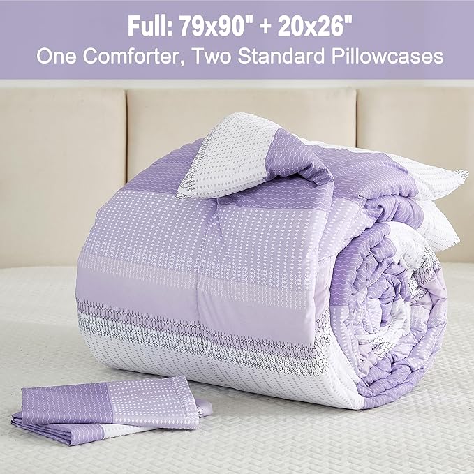 Litanika Lavender Purple Comforter Set Full Size, 3 Pieces Girls Women Lightweight Bedding Comforter Set, All Season Purple White Colorblock Fluffy Bed Set - LeafyLoom