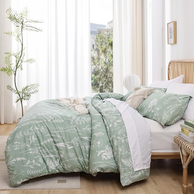 JANZAA Queen Comforter Set Sage Green Comforter,3 PCS Bedding Sets Floral Comforter Set Plant Flowers Printed on Fluffy Comforter Set for All season - LeafyLoom
