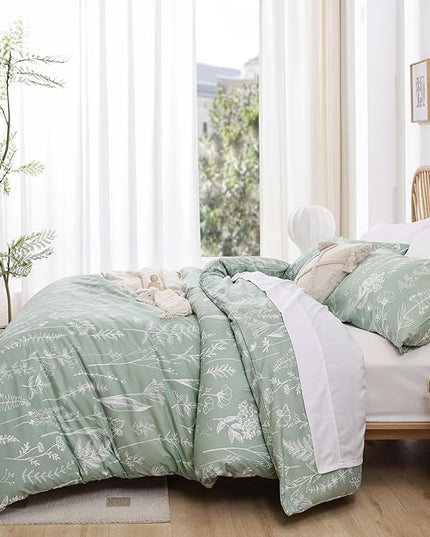JANZAA King Comforter Set Sage Green Comforter,3 PCS Bedding Sets Floral Comforter Set Plant Flowers Printed on Fluffy Comforter Set for All season - LeafyLoom