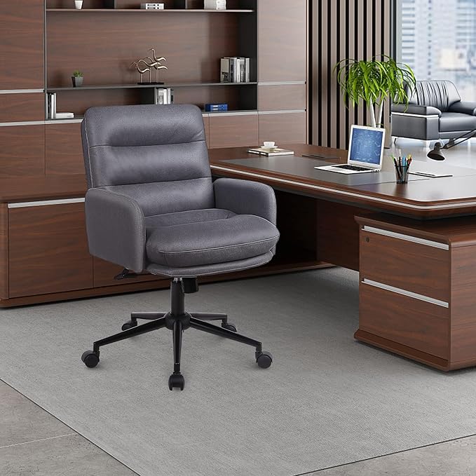 Adjustable Home Office Chair, Modern Mid Back Computer Desk Chair with Wheels, Ergonomic Upholstered Swivel Chair, Grey - LeafyLoom