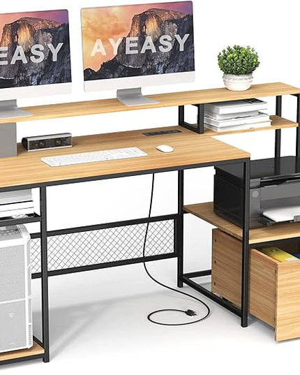 Home Office Desks with Drawers, 66'' Computer Desk with Storage, Office Desk with Monitor Stand, Work Desk with Outlets and USB, Gaming Desk with File Cabinet for Home Office Table, Natural - LeafyLoom