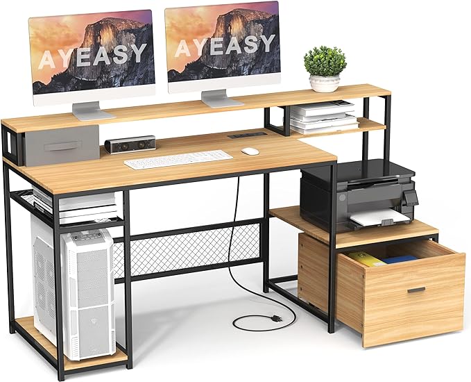 Home Office Desks with Drawers, 66'' Computer Desk with Storage, Office Desk with Monitor Stand, Work Desk with Outlets and USB, Gaming Desk with File Cabinet for Home Office Table, Natural - LeafyLoom
