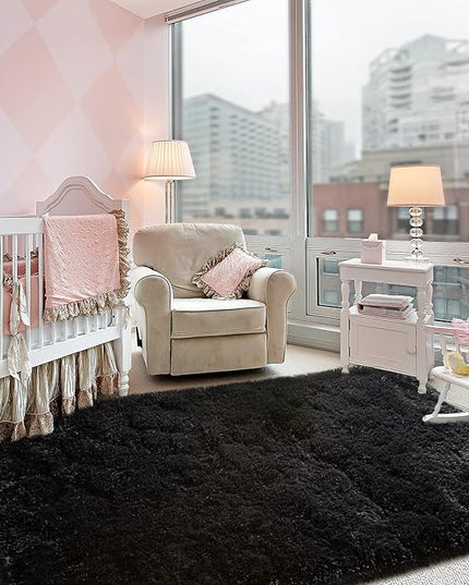 Super Soft Fluffy Shaggy Rugs 6x9 Feet for Living Room Bedroom, Fuzzy Plush Area Rugs for Girls Kids Room Nursery Home Decor, Furry Dorm Rug Cute Non-Slip Indoor Floor Carpet, Black - LeafyLoom