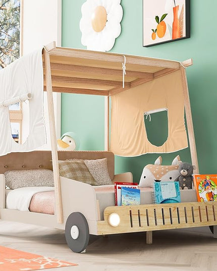 Full Size Race Car Bed Platform Bed with Pillow,Ceiling Cloth and LED Light,Wood Bed Frame W/Magazine Storage Rack,for Kids Boys Girls Teens,Natural - LeafyLoom