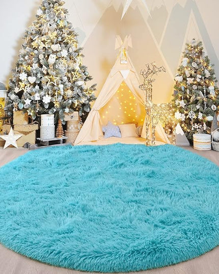 Blue Round Rug for Bedroom, Super Fluffy Circle Rugs for Baby Nursery, 4'X4' Feet Furry Carpet for Children Kids Room, Cute Soft Shaggy Rug for Girls Home Decor, Fuzzy Plush Carpets for Dorm - LeafyLoom