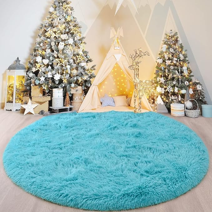 Blue Round Rug for Bedroom, Super Fluffy Circle Rugs for Baby Nursery, 5'X5' Feet Furry Carpet for Children Kids Room, Cute Soft Shaggy Rug for Girls Home Decor, Fuzzy Plush Carpets for Dorm - LeafyLoom