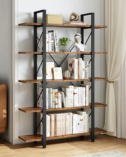 YITAHOME 5 Tier Bookshelf, 70.9" Tall Industrial Bookcase, Wide Open Display Storage Book Shelf for Living Room/Bedroom/Home/Office, Rustic Brown - LeafyLoom