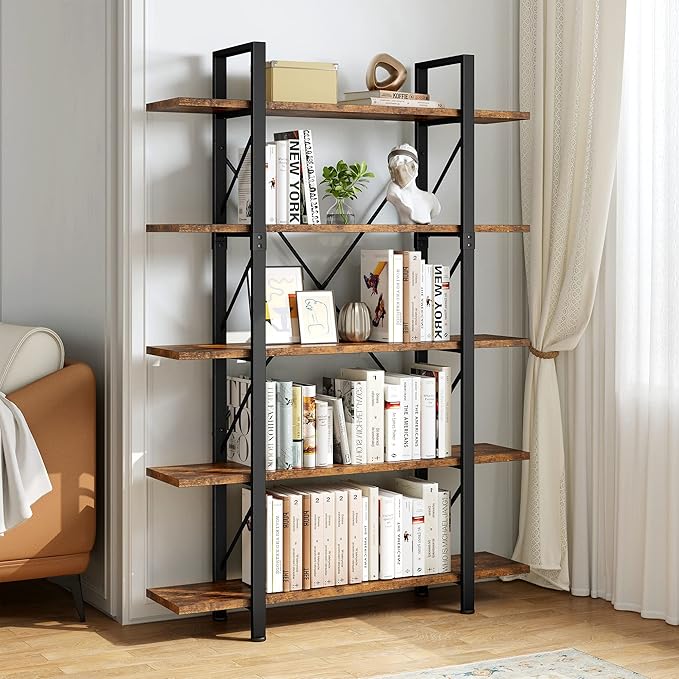YITAHOME 5 Tier Bookshelf, 70.9" Tall Industrial Bookcase, Wide Open Display Storage Book Shelf for Living Room/Bedroom/Home/Office, Rustic Brown - LeafyLoom