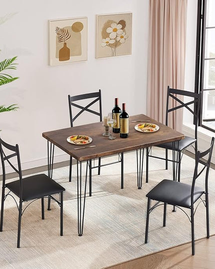 VECELO Kitchen Dining Room Table Set for Dinette, Breakfast Nook, 4 PU Metal Frame Chairs,Rectangular, Set of 5, Brown - LeafyLoom