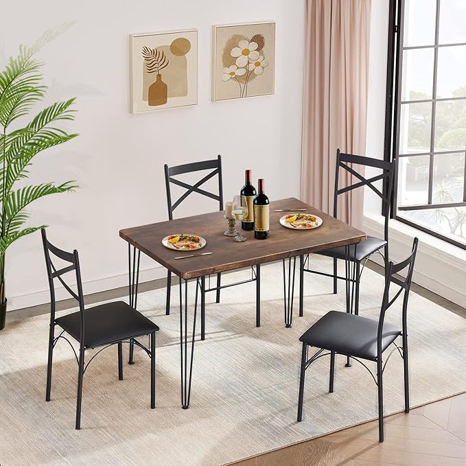 VECELO Kitchen Dining Room Table Set for Dinette, Breakfast Nook, 4 PU Metal Frame Chairs,Rectangular, Set of 5, Brown - LeafyLoom