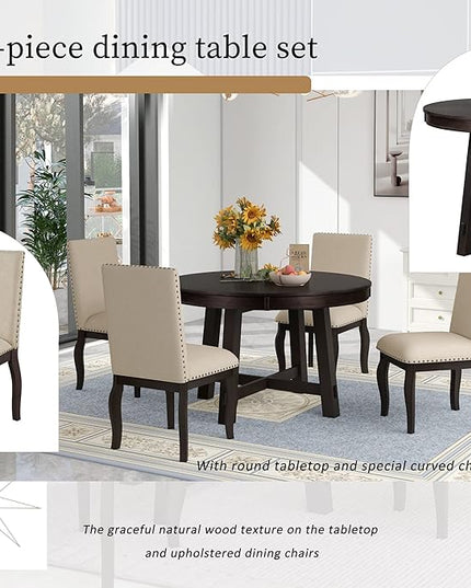 NicBex Round Dining Table Dining Room Set 5-Piece Farmhouse Dining Table Set Wood Round Extendable Dining Table and 4 Upholstered Dining Chairs for Set, Espresso - LeafyLoom