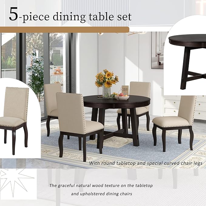 NicBex Round Dining Table Dining Room Set 5-Piece Farmhouse Dining Table Set Wood Round Extendable Dining Table and 4 Upholstered Dining Chairs for Set, Espresso - LeafyLoom