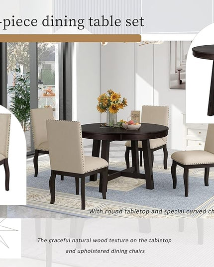 5 Piece 5 Pcs Farmhouse Style Room Furniture Set, Round Retractable 4 Upholstered Curved Legs and Nail Head Trim, Modern Leisure Dining Table and Chair, Espresso + Beige - LeafyLoom