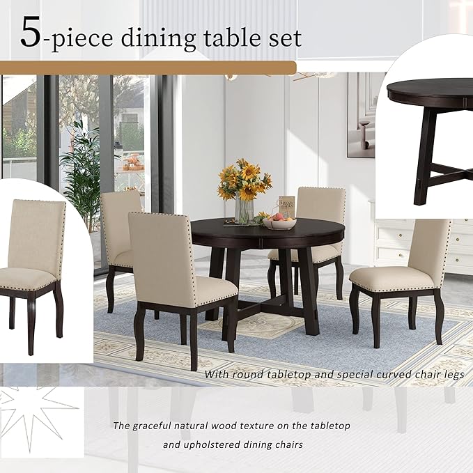 5 Piece 5 Pcs Farmhouse Style Room Furniture Set, Round Retractable 4 Upholstered Curved Legs and Nail Head Trim, Modern Leisure Dining Table and Chair, Espresso + Beige - LeafyLoom