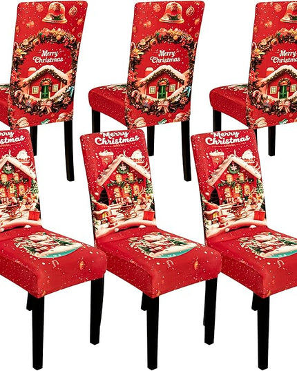 6PCS Christmas Dining Chair Covers Stretch Removable Washable Dining Room Chair Protector Slipcovers Santa Claus House Wreaths Kitchen Chair Cover Slipcover Protector for Xmas Holiday Party Home Décor CZL