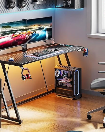 MOTPK Gaming Desk with LED Lights & Power Outlet, Computer Desk 55inch for Small Space, Cheap Gaming Table with Carbon Fiber Texture, Kids Desk Gift for Boys Men, Black - LeafyLoom