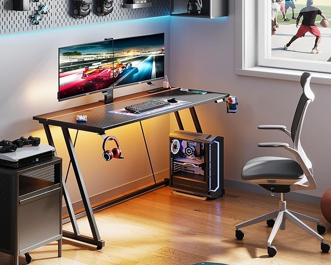MOTPK Gaming Desk with LED Lights & Power Outlet, Computer Desk 55inch for Small Space, Cheap Gaming Table with Carbon Fiber Texture, Kids Desk Gift for Boys Men, Black - LeafyLoom
