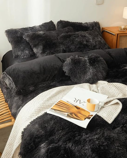 Tie dye Black Plush Fluffy Comforter Cover Set Queen - Ultra Soft Faux Fur tie dye Bedding Sets 3 Pieces (1 Shaggy Duvet Cover + 2 Pillow case) Black Fluffy Bed Set (Tie Dye Black, Queen) - LeafyLoom