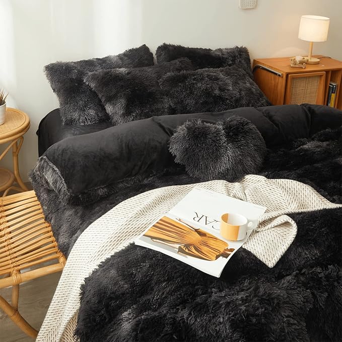 Tie dye Black Plush Fluffy Comforter Cover Set Queen - Ultra Soft Faux Fur tie dye Bedding Sets 3 Pieces (1 Shaggy Duvet Cover + 2 Pillow case) Black Fluffy Bed Set (Tie Dye Black, Queen) - LeafyLoom