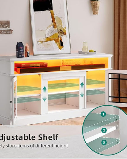 YITAHOME Farmhouse Sideboard Buffet Cabinet with LED Light, 65'' Large Kitchen Cabinet w/Storage, Tempered Glass Doors, Adjustable Shelf, 32'' Tall Coffee Bar Table for Living Room, Dining Room, White - LeafyLoom
