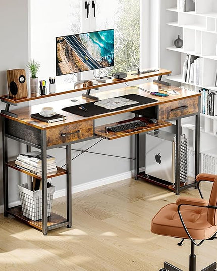 ODK Computer Desk with Drawers & Power Outlet, 55 Inch Office Desk with Keyboard Tray & Storage Shelves & PC Stand, Office Table Work Desk with Monitor Stand, Rustic Brown - LeafyLoom