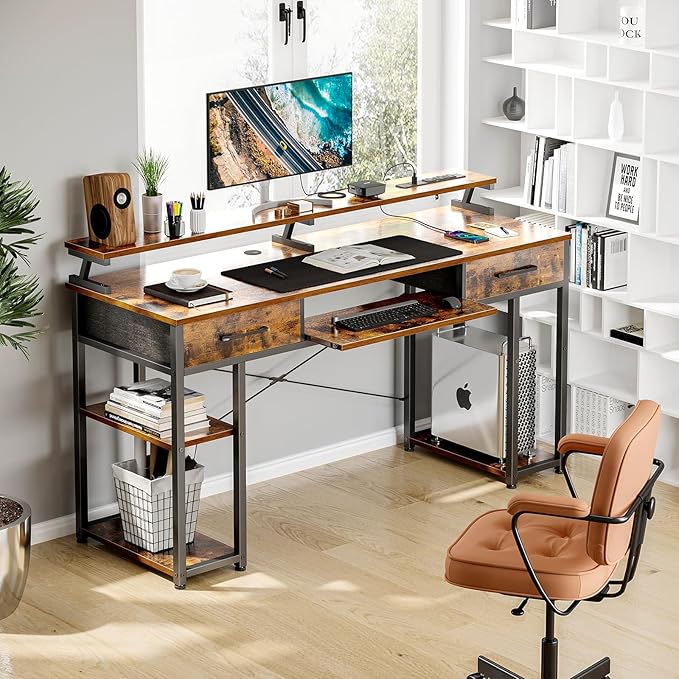 ODK Computer Desk with Drawers & Power Outlet, 55 Inch Office Desk with Keyboard Tray & Storage Shelves & PC Stand, Office Table Work Desk with Monitor Stand, Rustic Brown - LeafyLoom