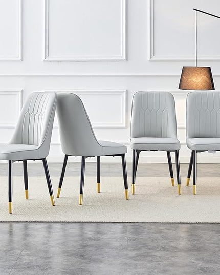 Modern Dining Chairs Set of 4, Faux Leather Dining Room Chairs PU Upholstered Gray Kitchen Chair with Black Golden Metal Legs for Home Living Room, Restaurant - LeafyLoom