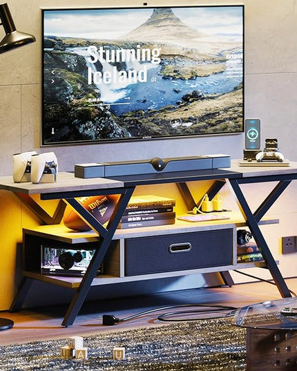 Bestier Gaming TV Stands for Living Room with Power Outlets LED Entertainment Center for TV up to 65 Inch 55” TV Game Console for Living Room Bedroom Removable Drawer 20 Dynamic RGB Modes, Wash Grey - LeafyLoom