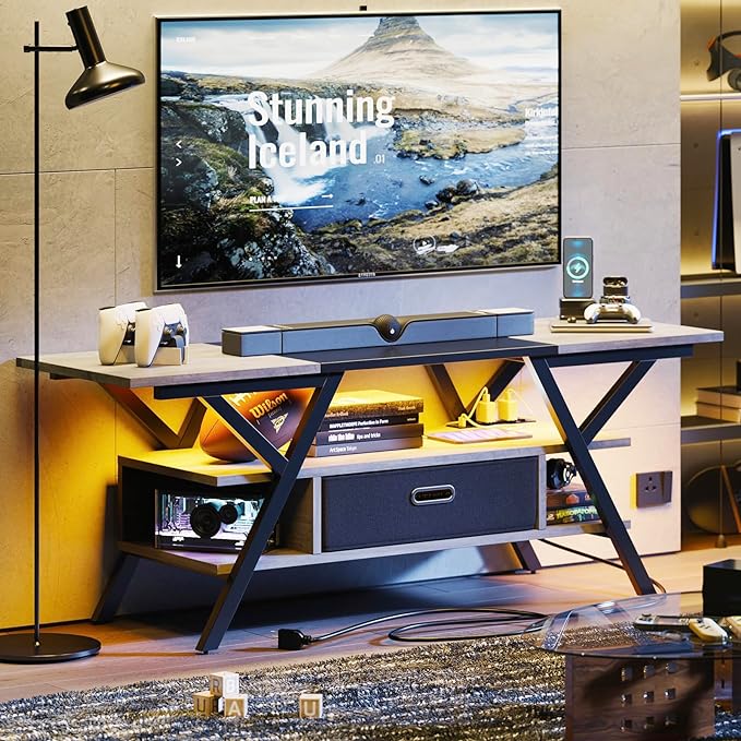Bestier Gaming TV Stands for Living Room with Power Outlets LED Entertainment Center for TV up to 65 Inch 55” TV Game Console for Living Room Bedroom Removable Drawer 20 Dynamic RGB Modes, Wash Grey - LeafyLoom