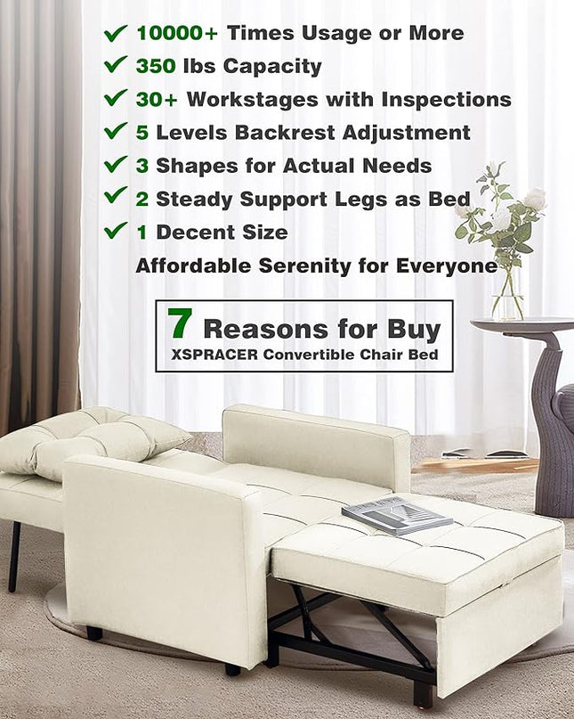 XSPRACER [UPDATED] Convertible Sleeper Chair Bed 3 in 1, Stepless Adjustable Backrest,Armchair, Sofa, Bed, Linen, Warm White, Single One - LeafyLoom