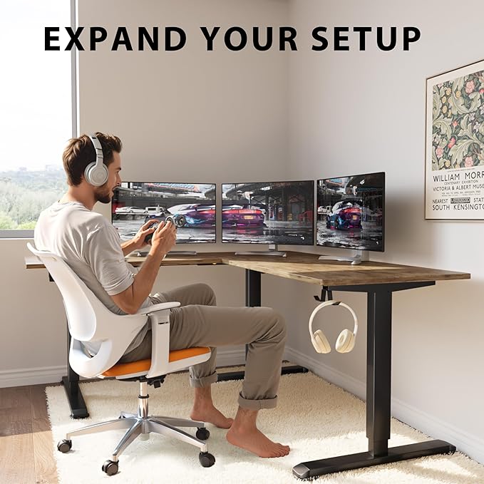 L-Shaped Electric Standing Desk, 63 x 55 Inches Height Adjustable Coner Table, Home Office Computer Workstation, Rustic Brown, 63 x 55 Inch - LeafyLoom