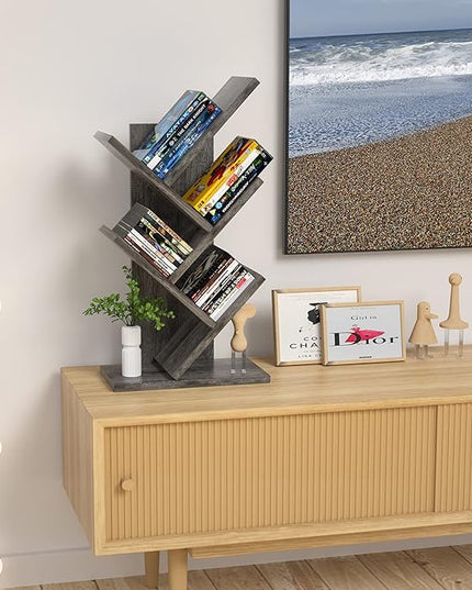 Topfurny Tree Bookshelf, 4-Tier Book Storage Organizer Shelves Floor Standing Bookcase, Wood Storage Rack for Office Home School Shelf Display for Cd/Magazine/Book -Black Oak - LeafyLoom