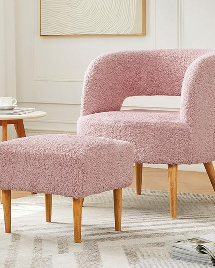 Accent Chair with Ottoman Teddy Fleece Upholstered Armchair Mid-Century Modern Comfortable Chairs and Ottoman Set with Wooden Legs for Living Room, Bedroom(Rose Pink) - LeafyLoom