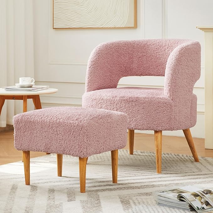 Accent Chair with Ottoman Teddy Fleece Upholstered Armchair Mid-Century Modern Comfortable Chairs and Ottoman Set with Wooden Legs for Living Room, Bedroom(Rose Pink) - LeafyLoom