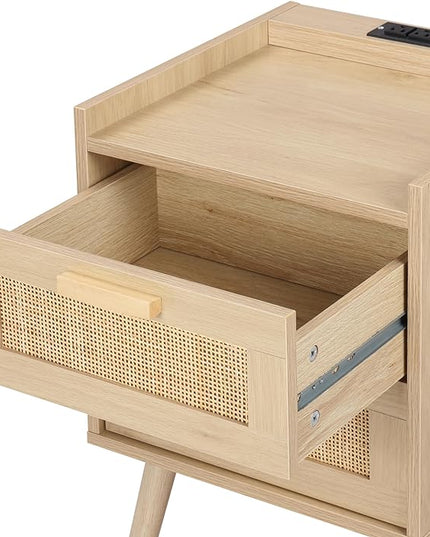Finnhomy Nightstand with Charging Station, Bedside Table with 2 Hand Made Rattan Decorated Drawers, Night Stand with Storage for Bedroom, Natural - LeafyLoom