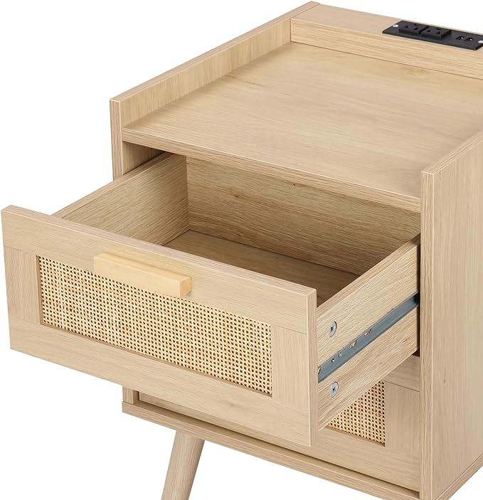 Finnhomy Nightstand with Charging Station, Bedside Table with 2 Hand Made Rattan Decorated Drawers, Night Stand with Storage for Bedroom, Natural - LeafyLoom