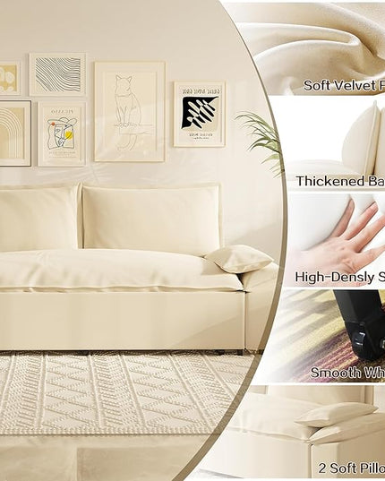 3 in 1 Oversized Love Seat Sofá Convertible Queen Size Sofabed with 2 Lumbar Pillows, Loveseat Sofa W/Pull Out Sleeper Couch Bed for Home,Office,Apartment,RV Living Room, 70.1", Beige - LeafyLoom