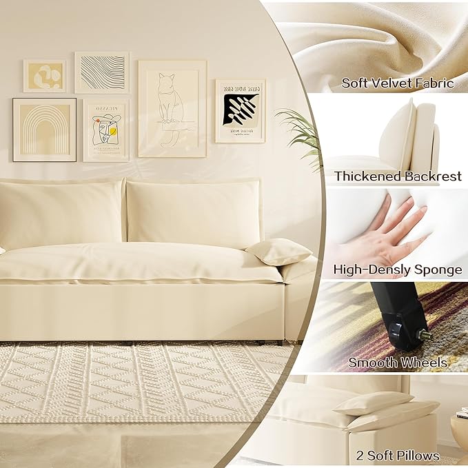 3 in 1 Oversized Love Seat Sofá Convertible Queen Size Sofabed with 2 Lumbar Pillows, Loveseat Sofa W/Pull Out Sleeper Couch Bed for Home,Office,Apartment,RV Living Room, 70.1", Beige - LeafyLoom