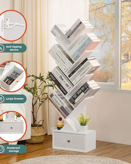 8 Tier Tree Bookshelf with Drawer, Free Standing Wood Bookcase for Living Room, Bedroom, Home Office, Space Saving Storage Organizer Bookshelves for Books, CDs, Vinyl Records- White - LeafyLoom