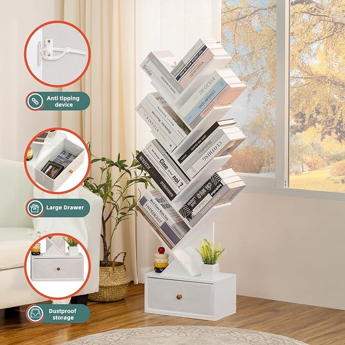 8 Tier Tree Bookshelf with Drawer, Free Standing Wood Bookcase for Living Room, Bedroom, Home Office, Space Saving Storage Organizer Bookshelves for Books, CDs, Vinyl Records- White - LeafyLoom