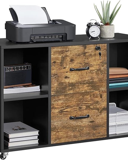 Yaheetech Filing Cabinet Lateral File Cabinet with 2 Drawer and 4 Open Compartments for Letter Size A4 Size, Printer Stand for Home Office, Black/Rustic Brown - LeafyLoom