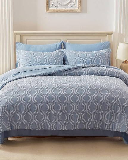 EMME Queen Comforter Set - 7 Pcs Blue Boho Bedding Sets, Full Size Tufted Comforter with Sheets, Shabby Chic Embroidery Queen Bed Set Fluffy Bed Bag for All Season(90"X90") - LeafyLoom