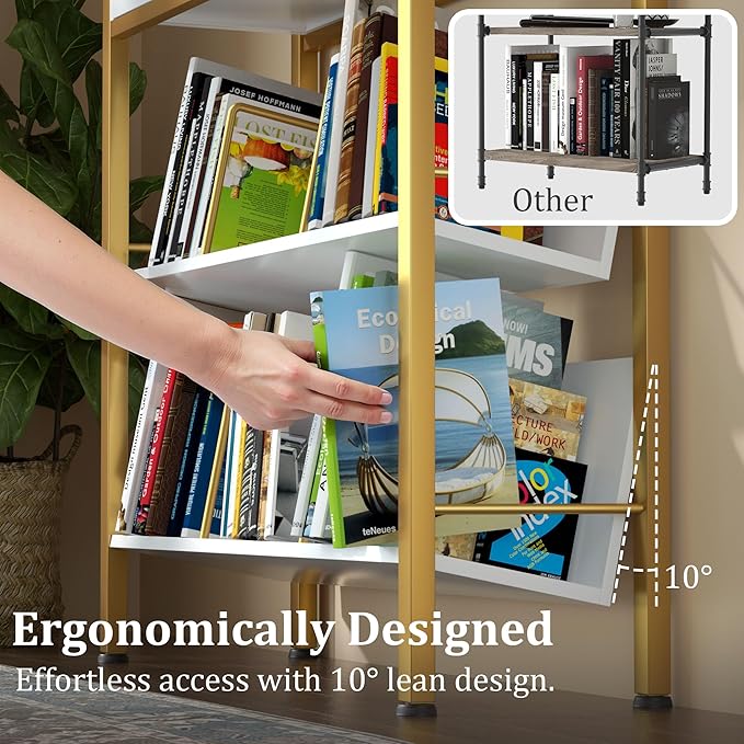 Bookshelf with Drawers- Widen Industrial Book Shelf with Bookend, 5 Tiers Tall Storage Shelves, Steel Frame Display Rack, Suitable for Bedroom, Office, Living Room-27'' Depth White - LeafyLoom