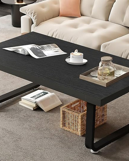 HSH Black Coffee Table, Industrial Wood and Metal Legs Center Table, Modern Minimalist Rectangle Cocktail Table for Living Room, Farmhouse Wooden Tea Table for Bedroom Home Office, Black Oak, 47 Inch - LeafyLoom