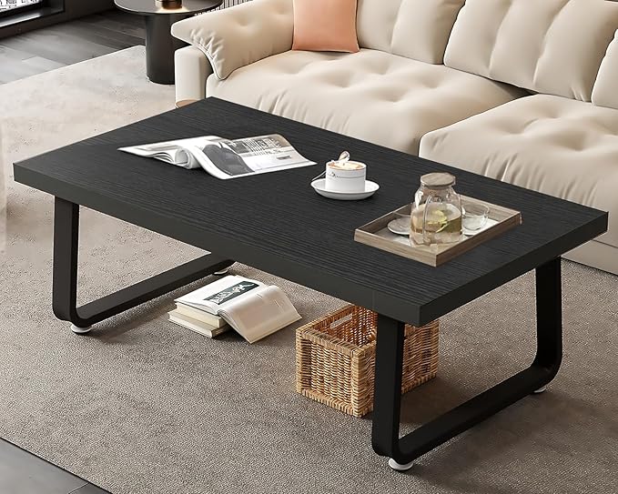 HSH Black Coffee Table, Industrial Wood and Metal Legs Center Table, Modern Minimalist Rectangle Cocktail Table for Living Room, Farmhouse Wooden Tea Table for Bedroom Home Office, Black Oak, 47 Inch - LeafyLoom